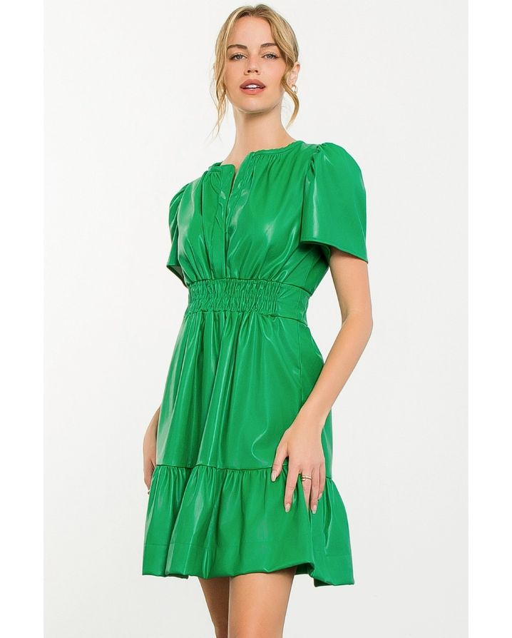 SMOCKED WAIST LEATHER DRESS