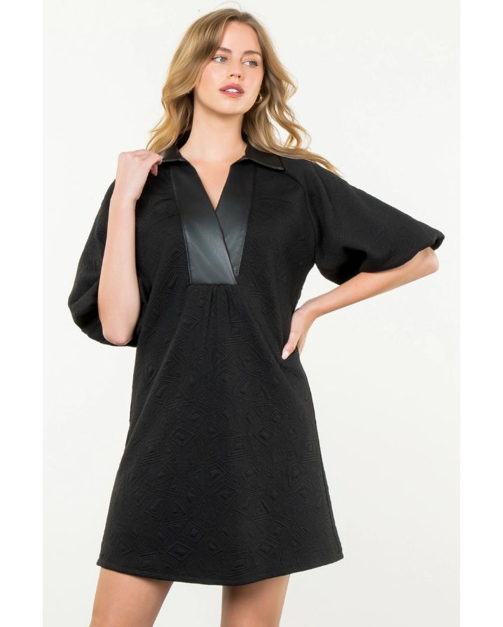 PUFF SLEEVE TEXTURED MIDI DRESS