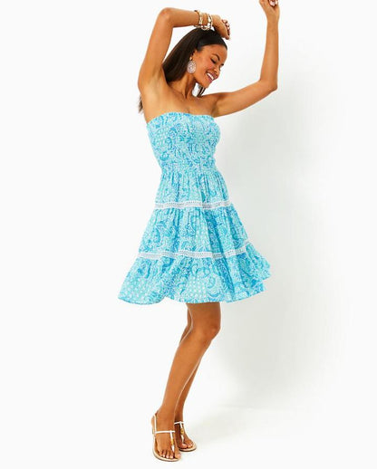 KELVINA STRAPLESS SMOCKED DRESS