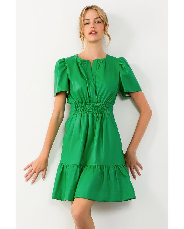 SMOCKED WAIST LEATHER DRESS