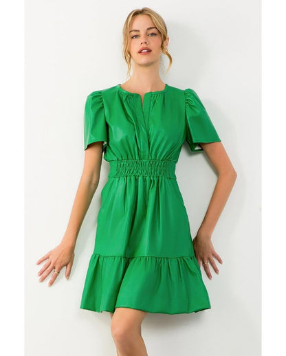 SMOCKED WAIST LEATHER DRESS