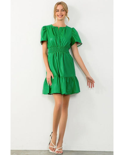 SMOCKED WAIST LEATHER DRESS