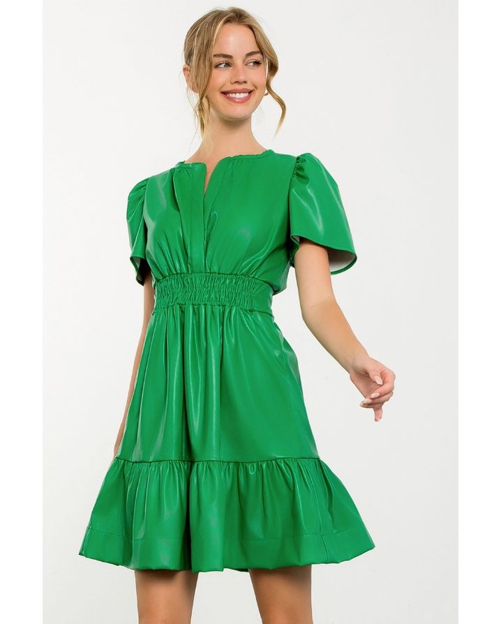 SMOCKED WAIST LEATHER DRESS