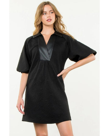 PUFF SLEEVE TEXTURED MIDI DRESS