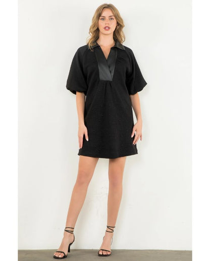 PUFF SLEEVE TEXTURED MIDI DRESS