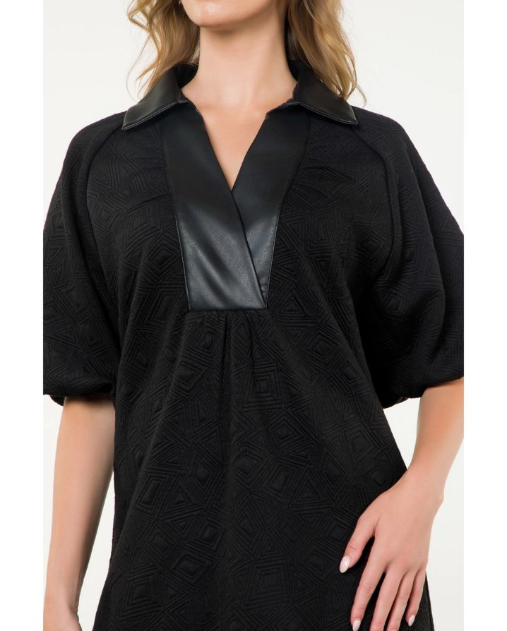 PUFF SLEEVE TEXTURED MIDI DRESS